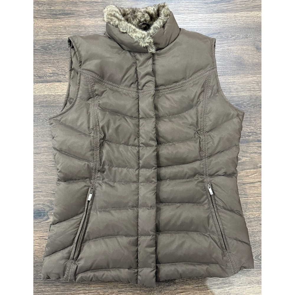 Eddie Bauer Goose Down Vest Womens XS Brown Faux Fur Collar NWOT Y2K Apres Ski